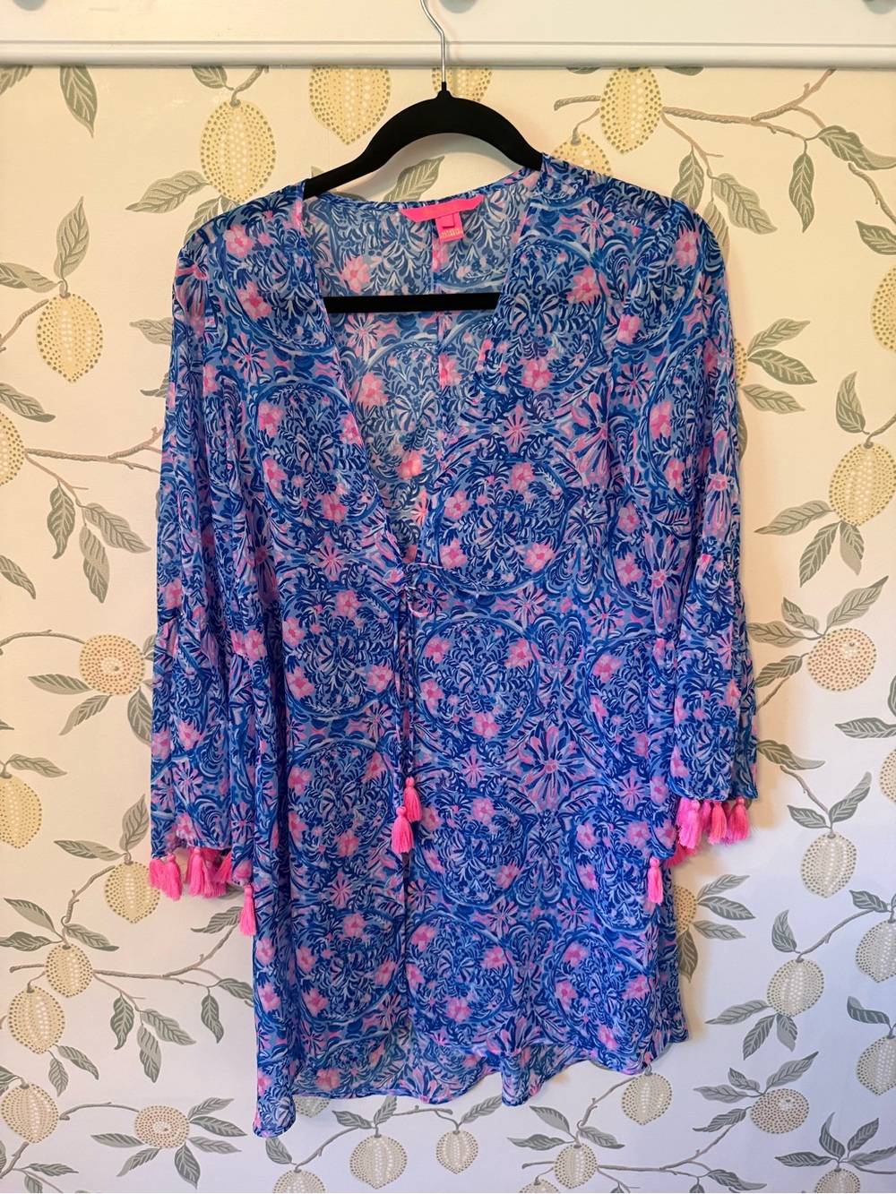 Lilly Pulitzer Blue & Pink Floral V-Neck Tassel Tunic